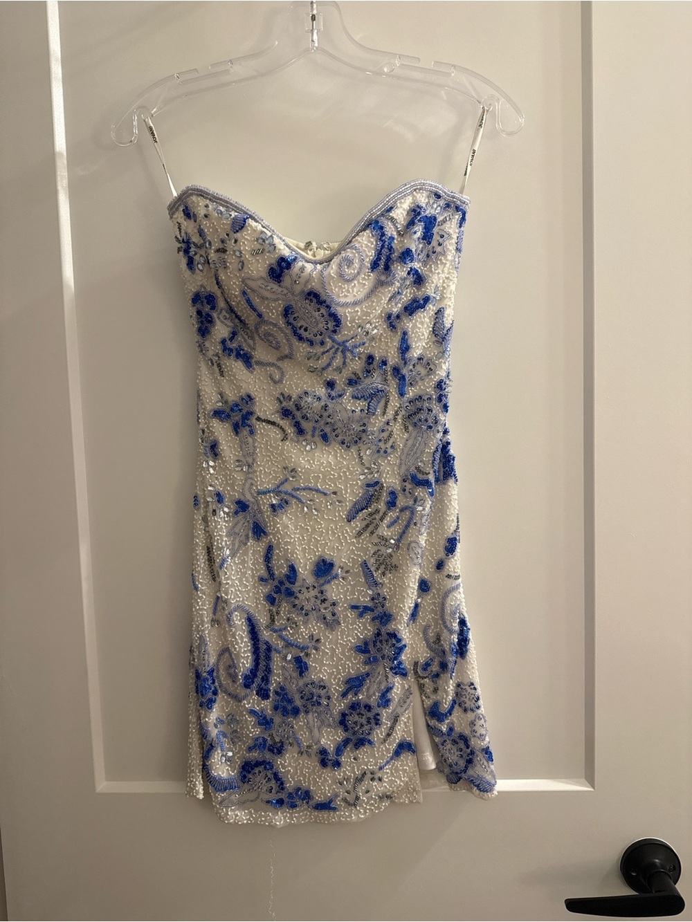 Jovani White and Blue Strapless Beaded Homecoming Dress